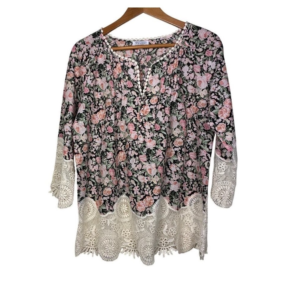 TAMSY Floral Top L Lace Pin tuck Boho Whimsical Fairy Softgirl‎ Feminine Twee